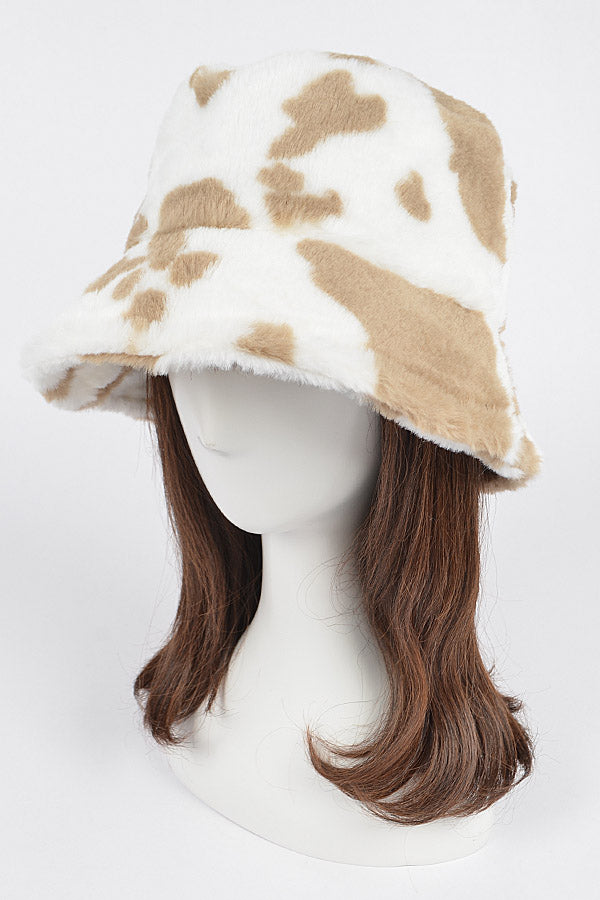 Set of 6 Cow Print Fur Bucket Hats in Beige 4261