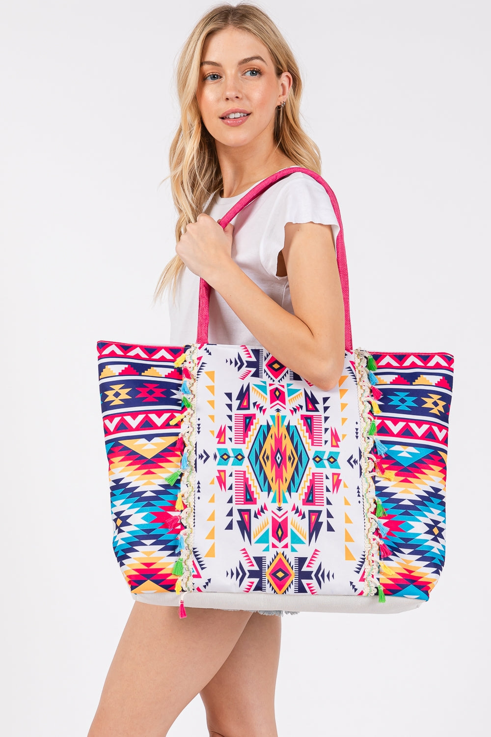 Fuchsia Boho Print Tote Bags with Fringe, Zipper Closure and Inner Pocket - Pack of 6