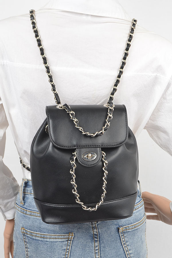Black Faux Leather Flap Backpack - Set of 3