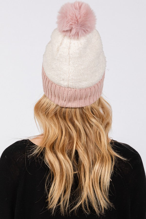 6-Piece Set of 5810 Pink Two-Tone Fleeced Pom Pom Beanies