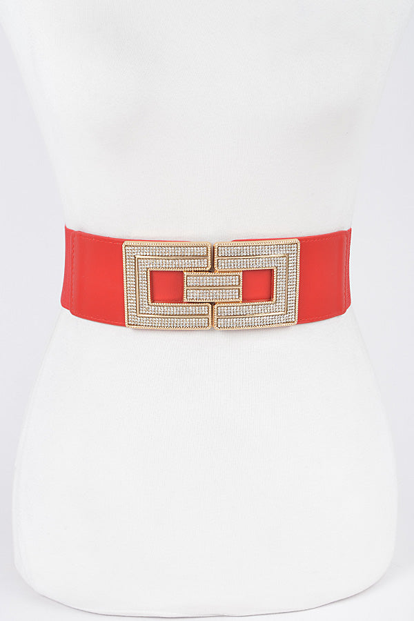 Set of 6 Red Rhinestone Buckles Elastic Belts - 4468