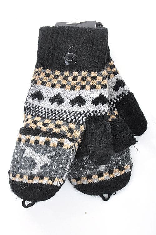Pack of 6 Reindeer - Patterned Black Mittens (Style 6001)