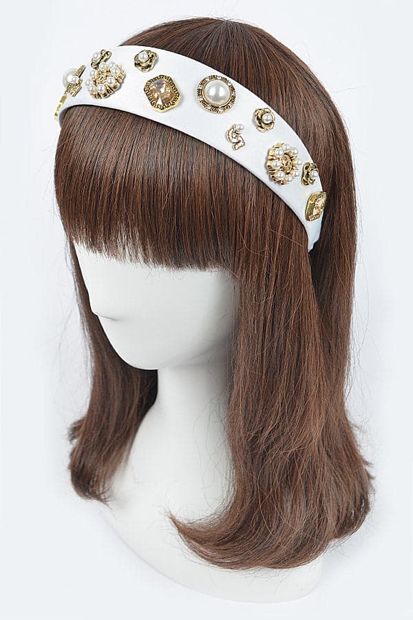 Set of 6 White Plastic Hairbands with Imitation Gemstones - 3112