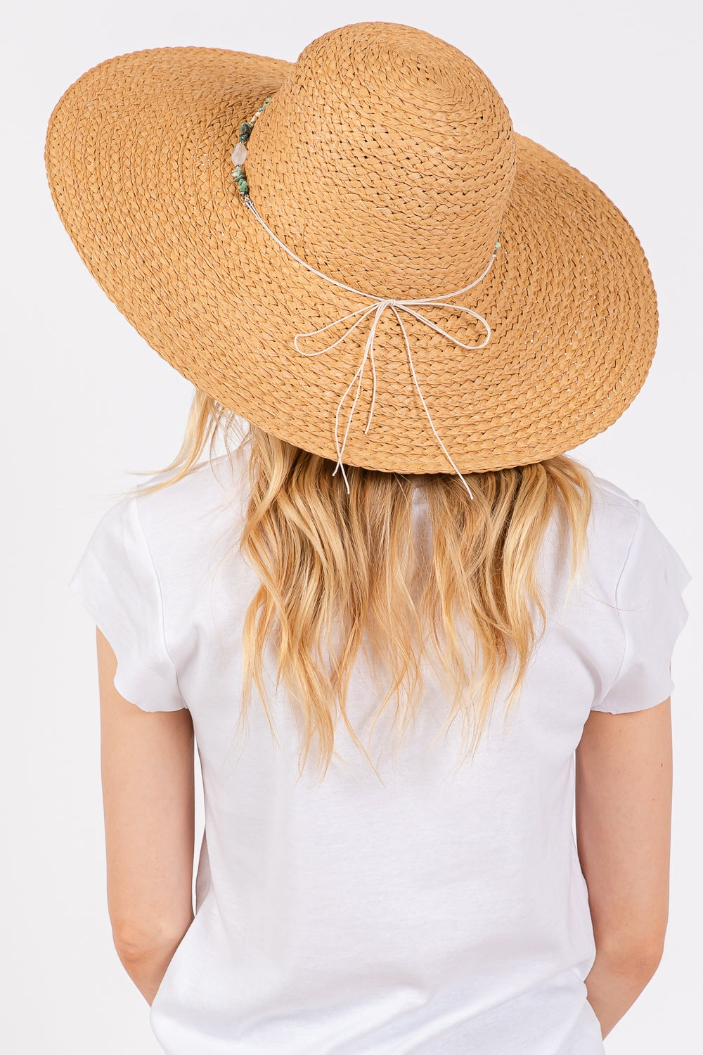 Pack of 6 Taupe Wide Brim Floppy Sun Hats with Turquoise Gemstone and Starfish Decorative Band