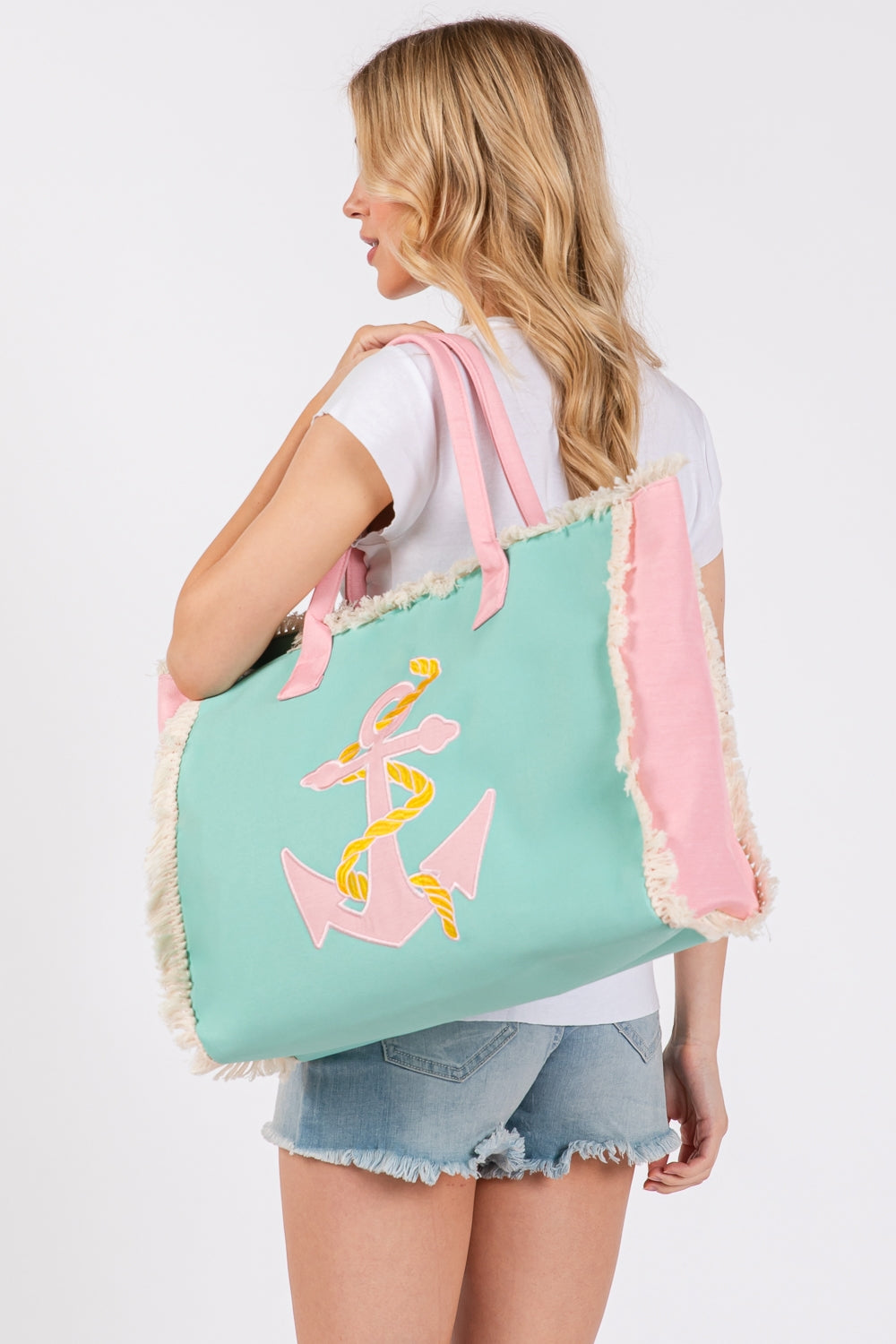 6-Pack Embroidered Anchor Fringe Tote Bags with Magnetic Closure and Inner Pocket