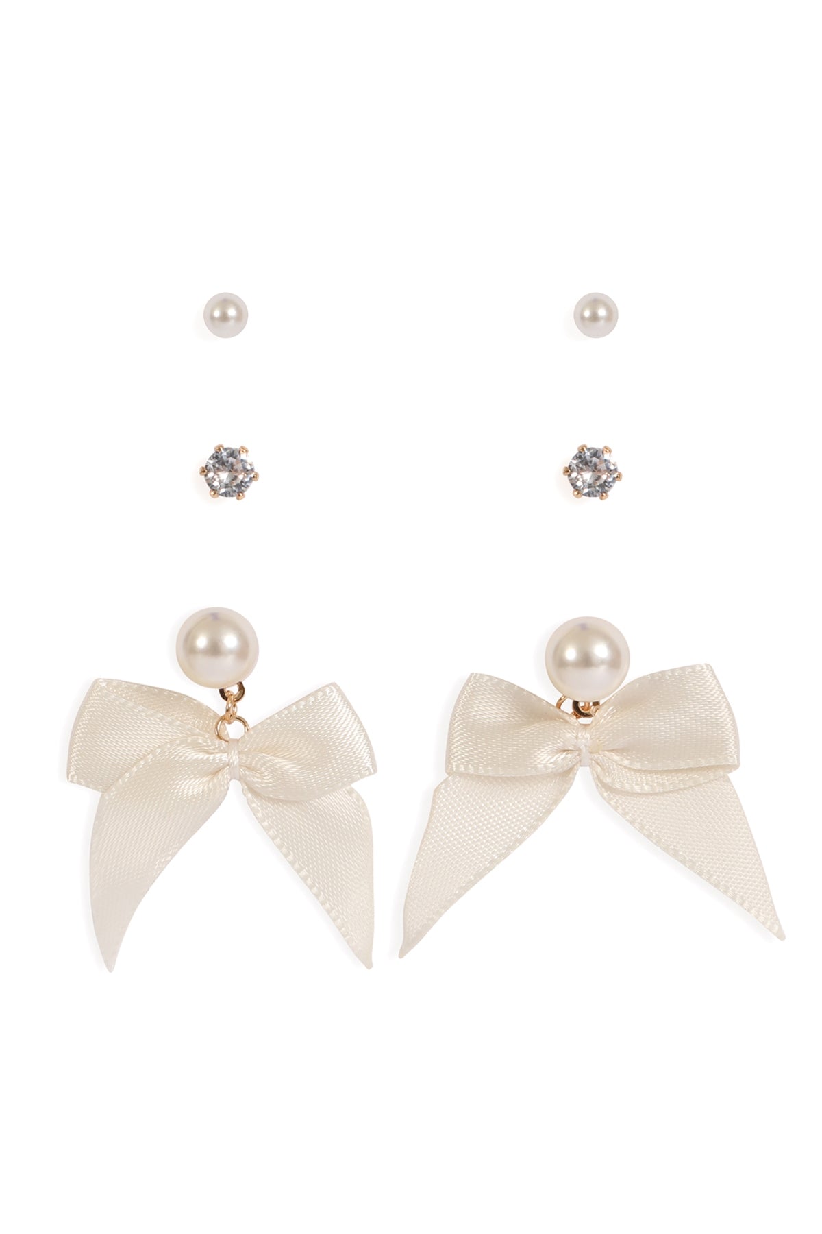 Exquisite Set of 6 White Gold Pearl Bow Earrings in 3 Pairs