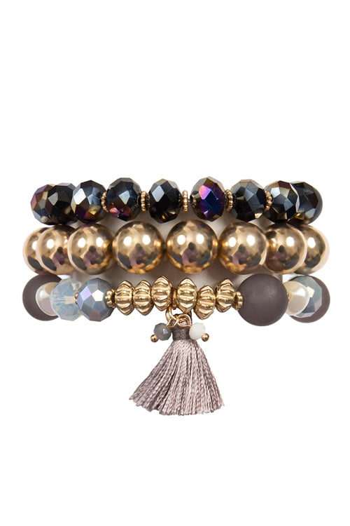 Black Layered Charm Bracelet with Glass Beads, CCB and Tassel Pendant - Pack of 6