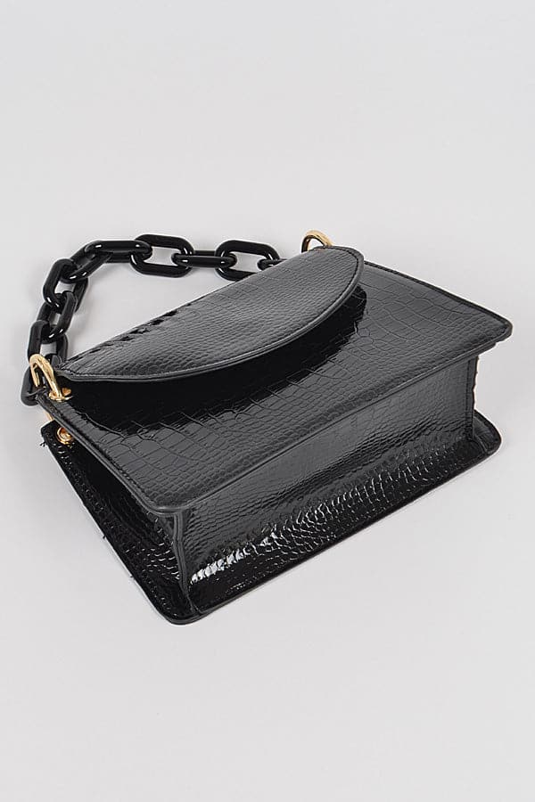 Set of 3 Shiny Black Faux Croc Plastic Chain Clutches - 8543