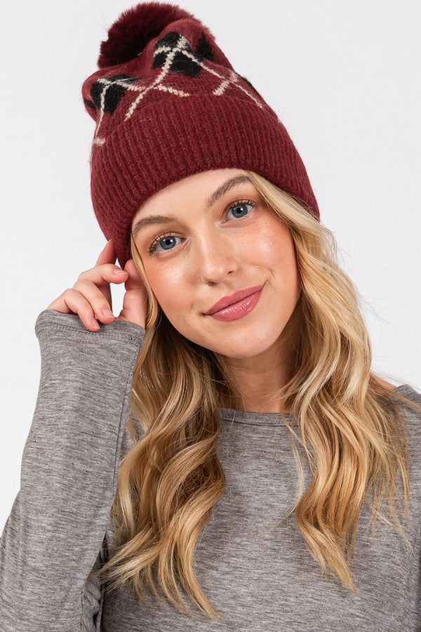 Pack of 6 Burgundy 2810 Wool - Blended Argyle Fleece Pom Pom Beanies
