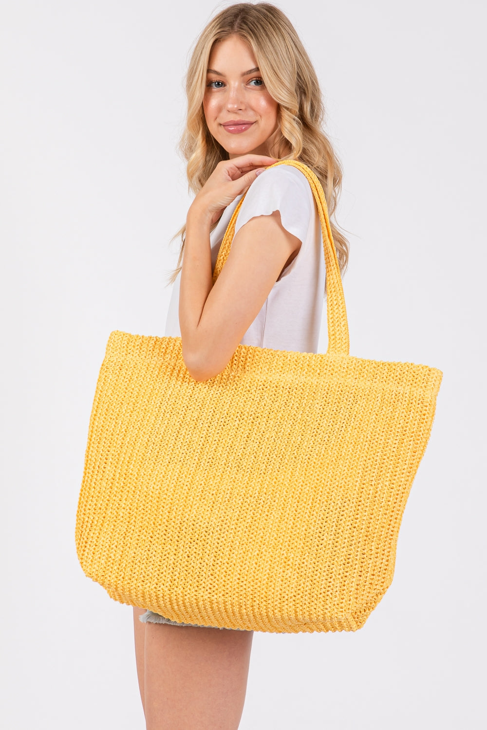 Set of 6 Yellow Solid Crochet Straw Bags with Zipper Closure and Inner Pocket for Daily Use