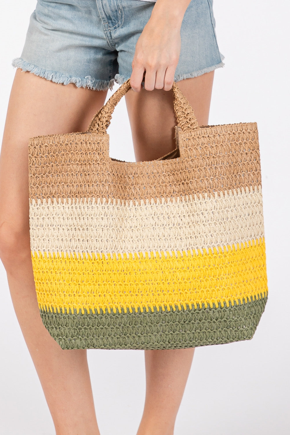 Set of 6 Mustard Multicolor Striped Tote Bags with Magnetic Closure and Inner Pocket for Convenient Carrying