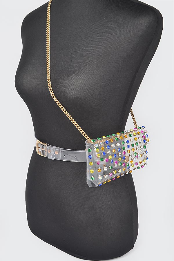 3-Pack Multicolor Rhinestone Clear Belt Bag with Chain