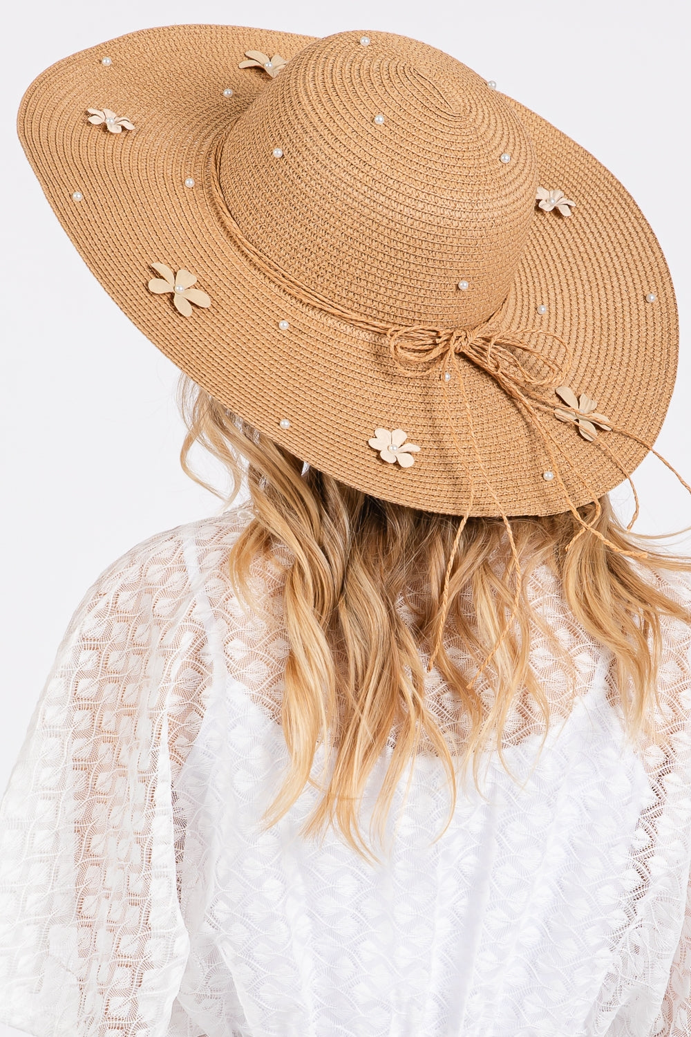 Taupe Daisy and Pearl Decorated Wide Floppy Sun Hat - Pack of 6