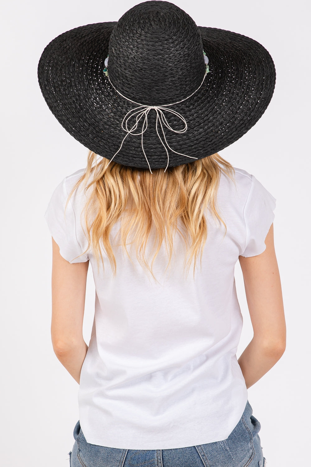 Black Wide Brim Floppy Sun Hats with Turquoise Stone & Starfish Band - 6 Pack