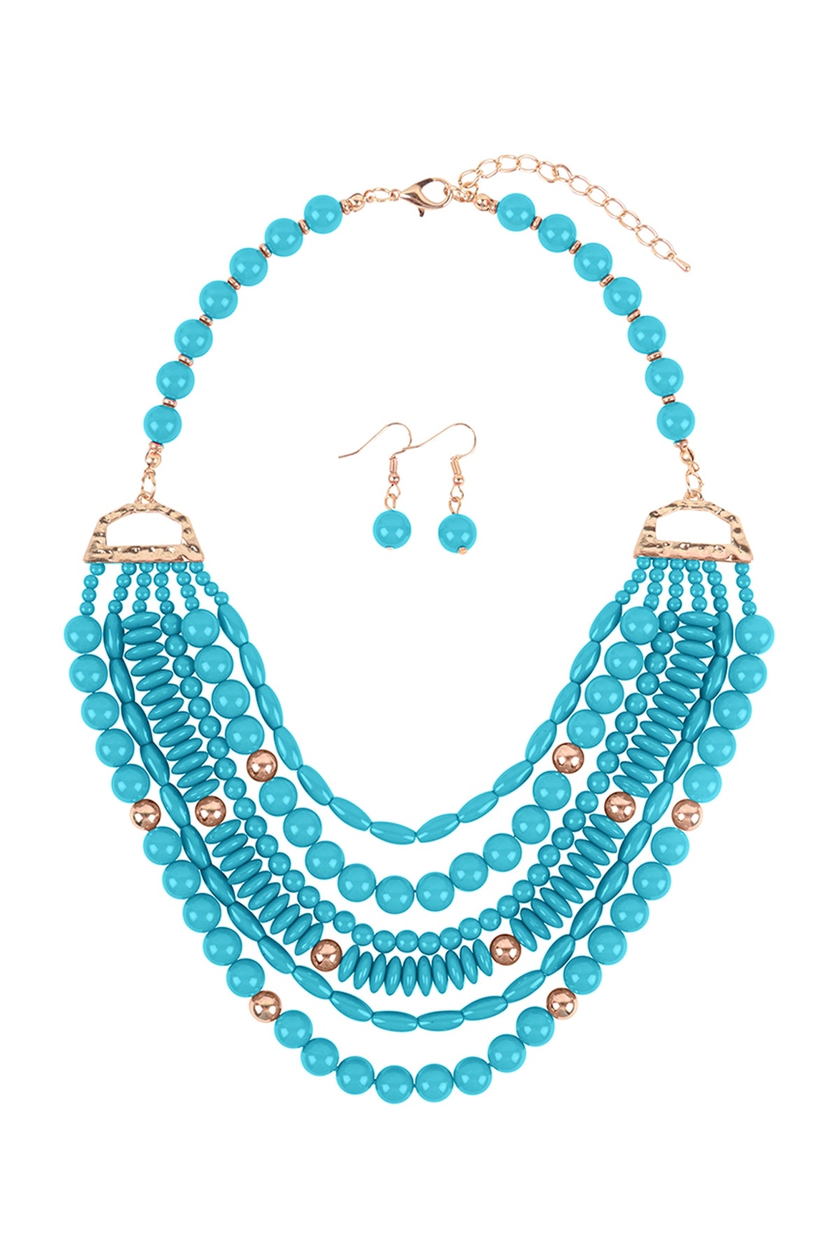 Stylish Layered Bohemian Statement Necklace and Earrings Set in Turquoise Color - Pack of Six Pieces