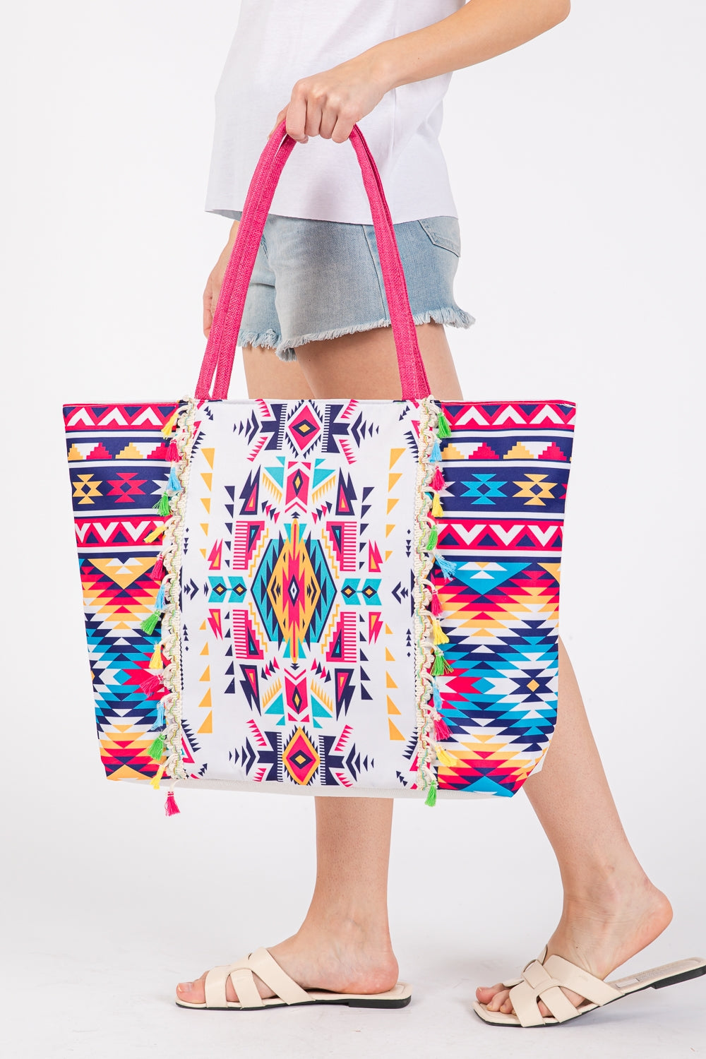 Fuchsia Boho Print Tote Bags with Fringe, Zipper Closure and Inner Pocket - Pack of 6