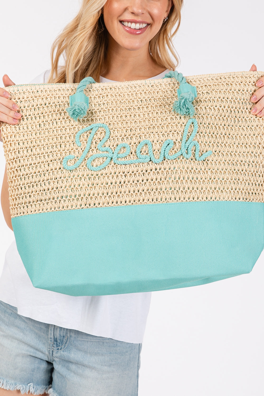 Blue Fabric Tote Bags with Crochet Letters and Straps - Pack of 6