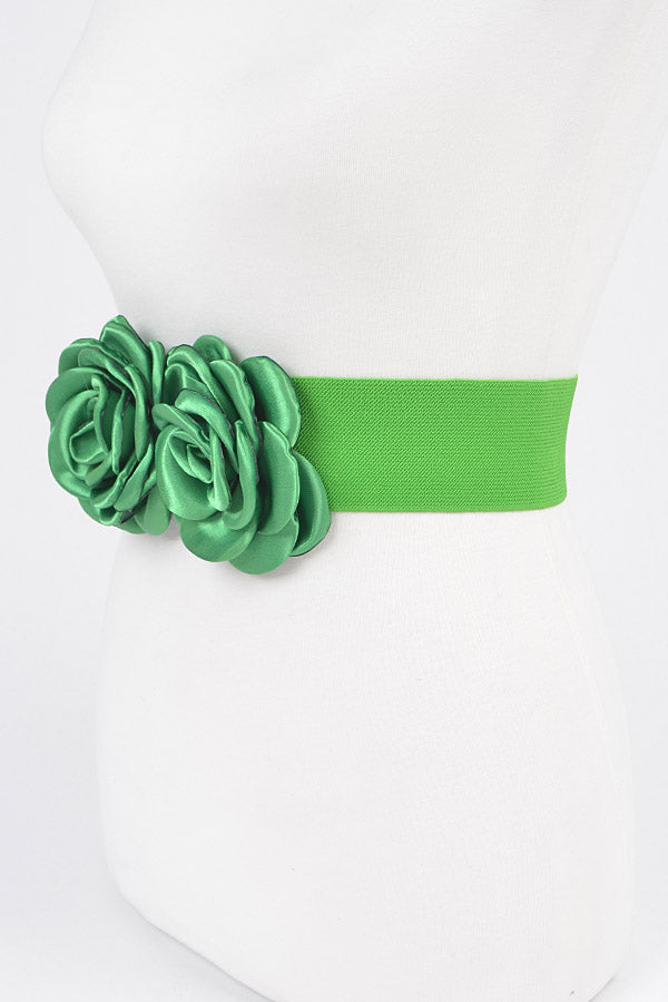 Set of 6 Double Satin Flower Elastic Belts in Fresh Green