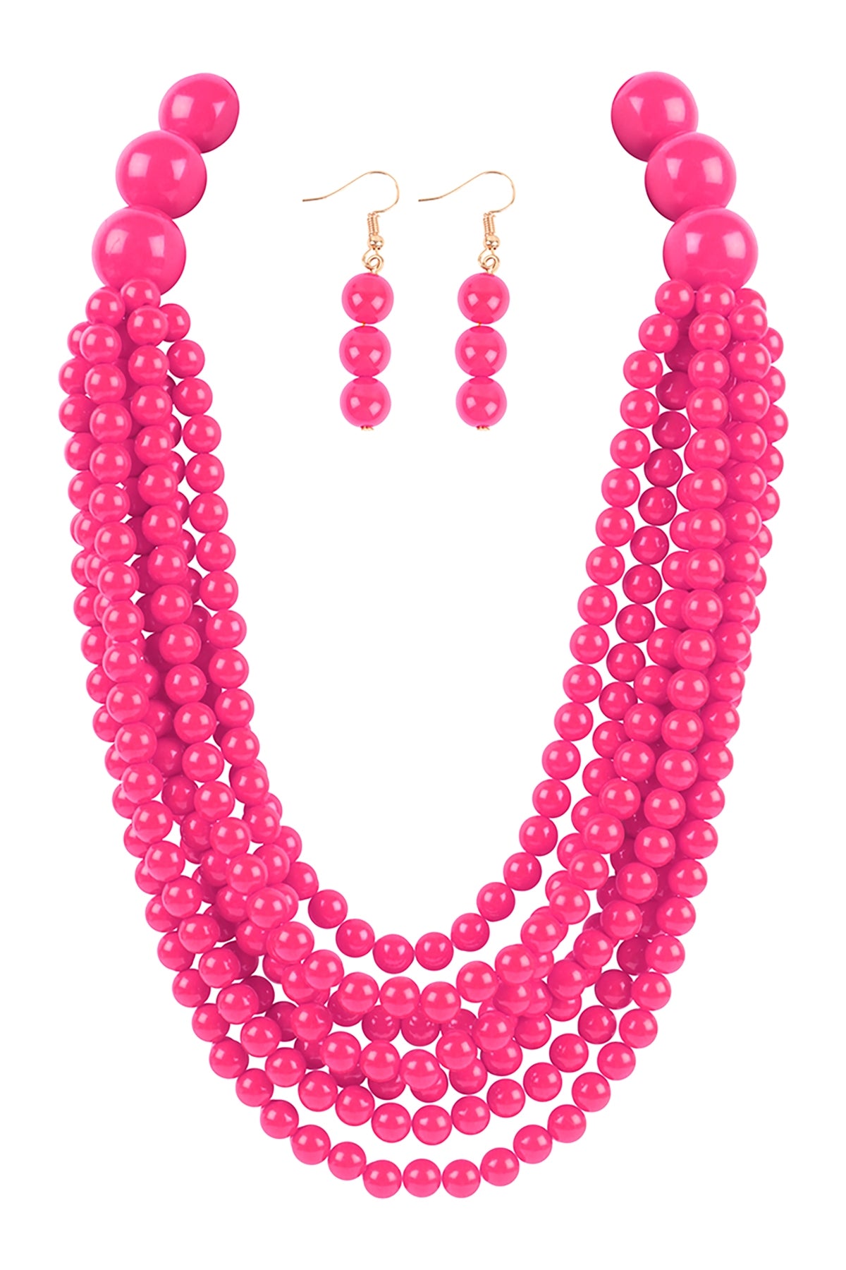 Fuchsia Round Bead Layered Statement Necklace and Earring Set - Pack of 6