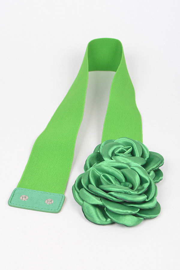 Set of 6 Double Satin Flower Elastic Belts in Fresh Green