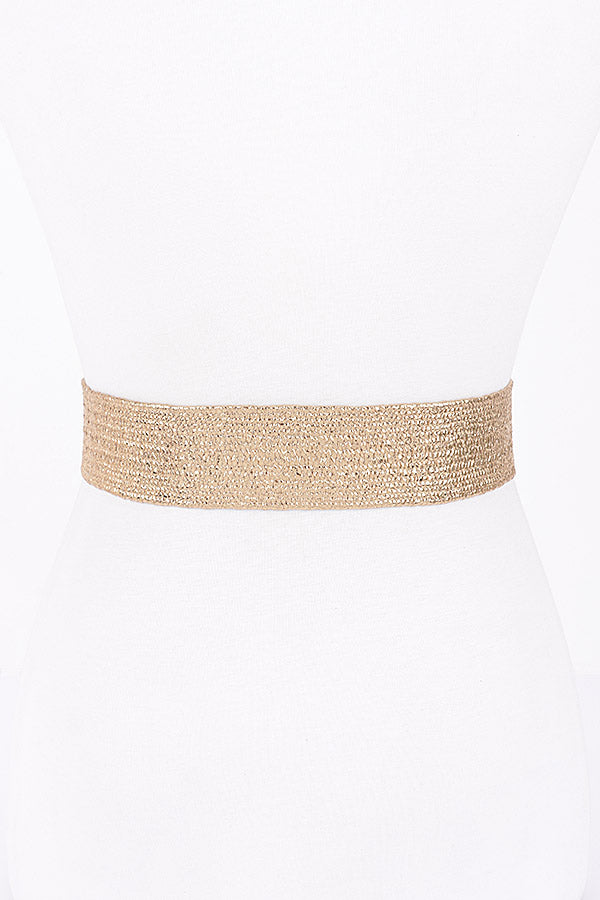 Set of 6 Vintage 7878 Gold Metallic Stretch Straw Belts with Metal Buckles