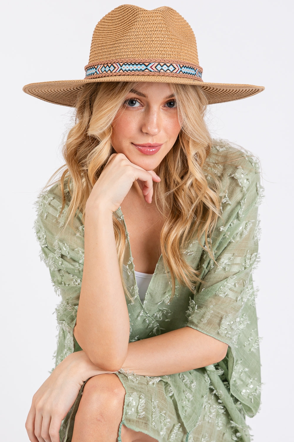 Pack of 6 Taupe Woven Bohemian Straw Sun Hats