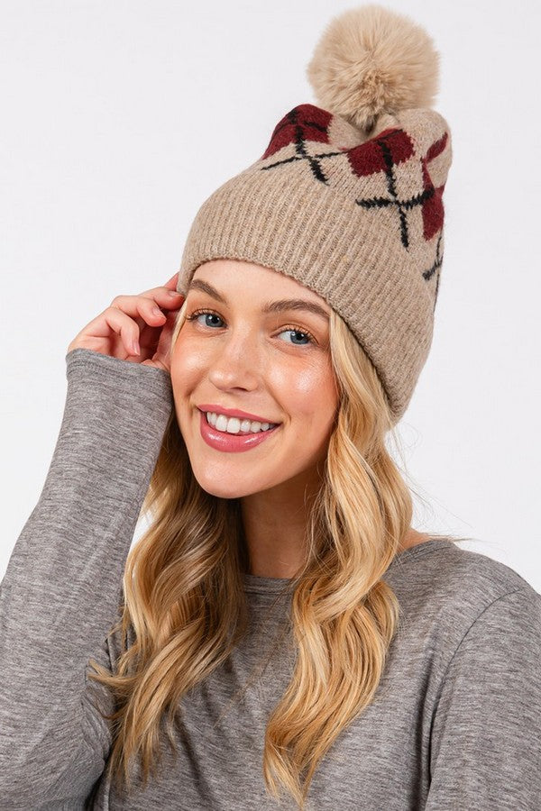 6-Pack of 2810 Taupe Wool-Blended Argyle Fleece Pom Pom Beanies