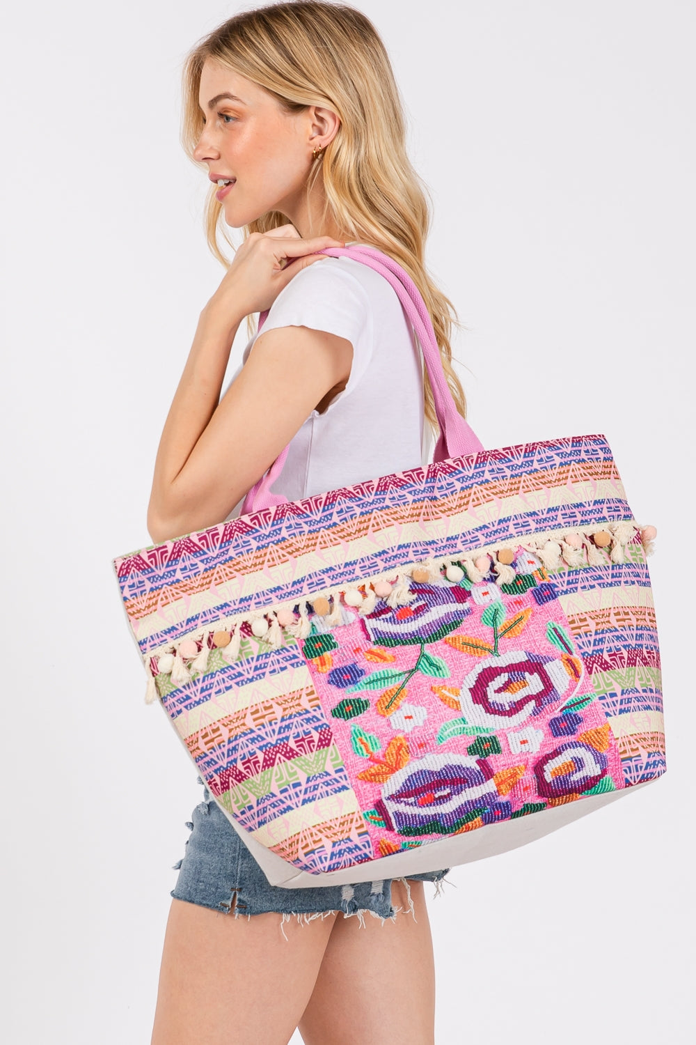 Pink Boho-Print Tote Bags with Pom Pom Fringe and Zipper Closure - Pack of 6