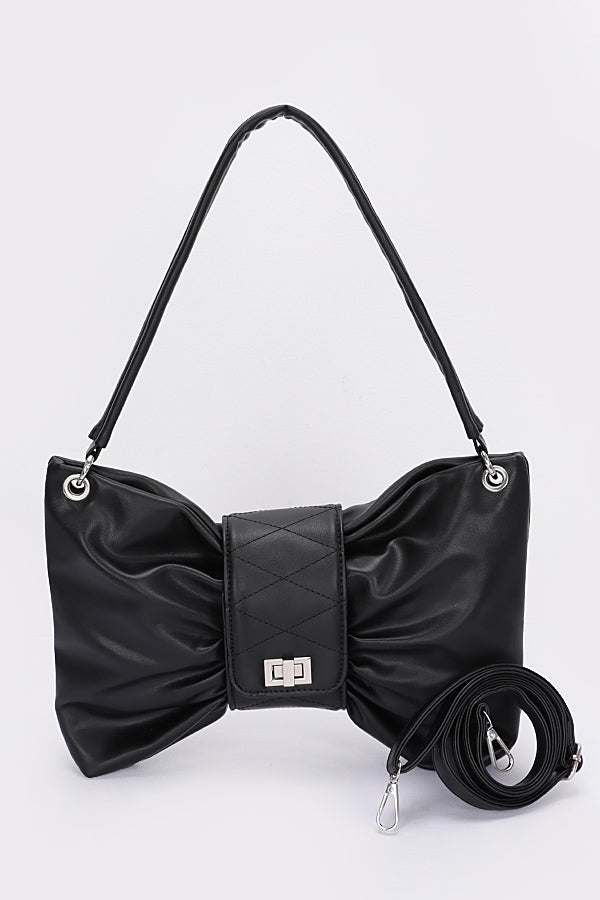 Set of 3 Faux Leather Black Bow Shoulder Bags - 0726