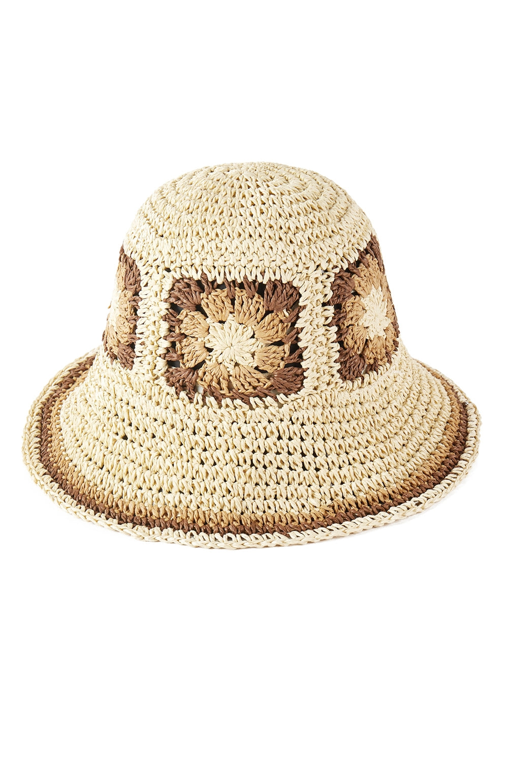 Beige Floral Crochet Straw Material Bucket Hat - Pack of Six Pieces