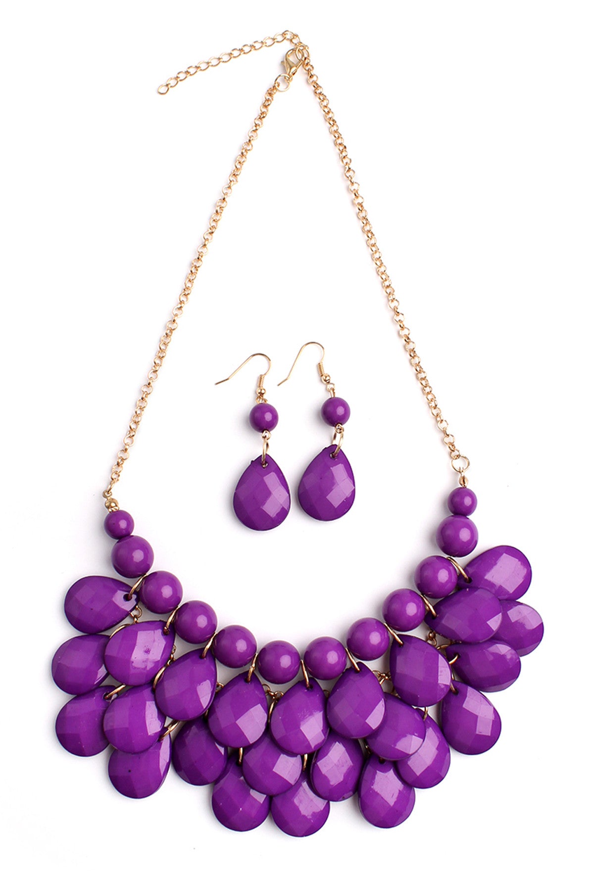 Set of 6 Purple Teardrop Bubble Bib Necklaces and Earrings