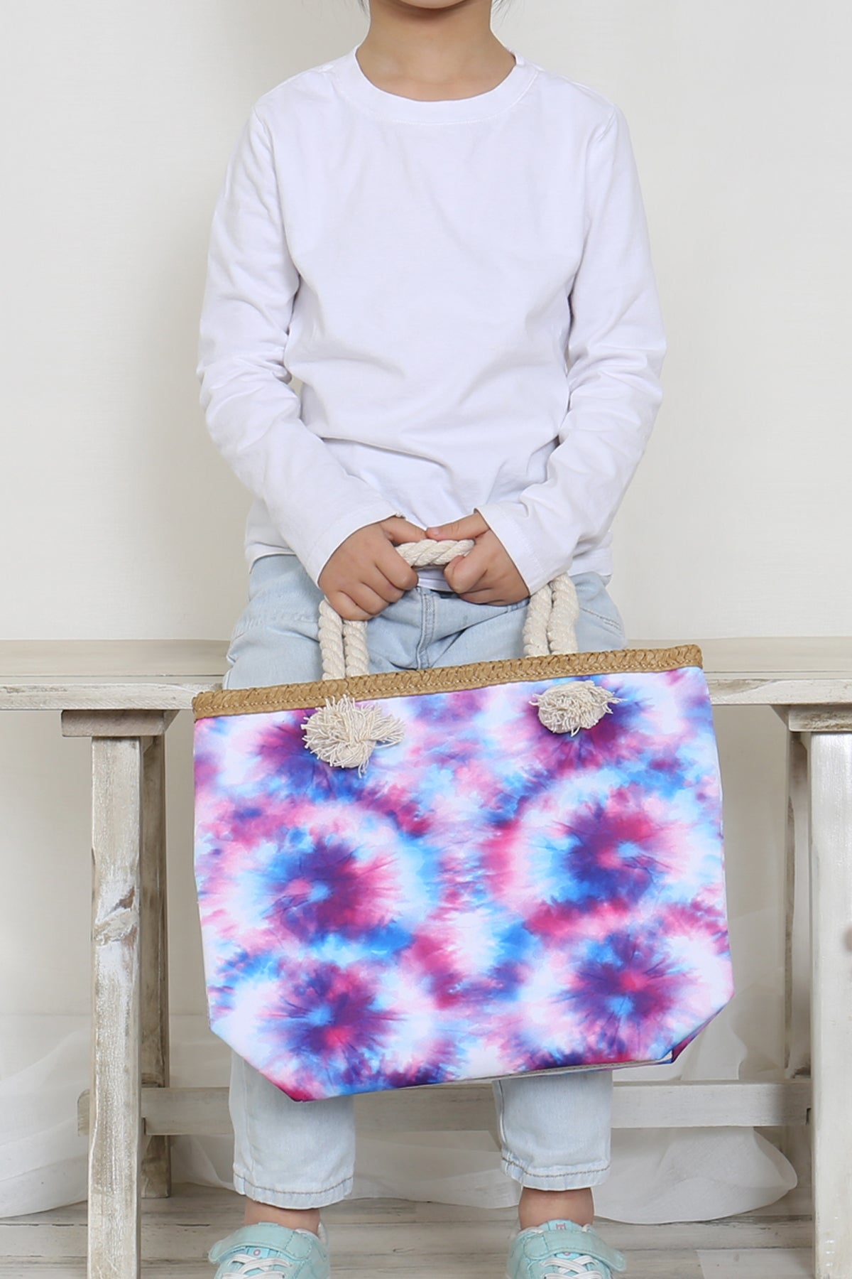 Summer Pink Kids Tie - Dye Tote Bags with Rope Handles - Set of 6