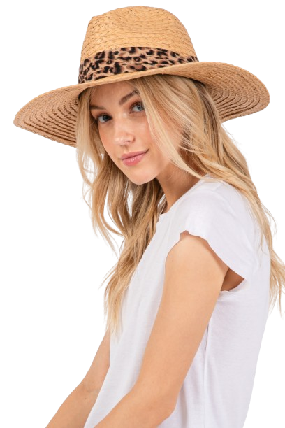 Taupe Leopard Band Straw Sun Hats - Pack of 6