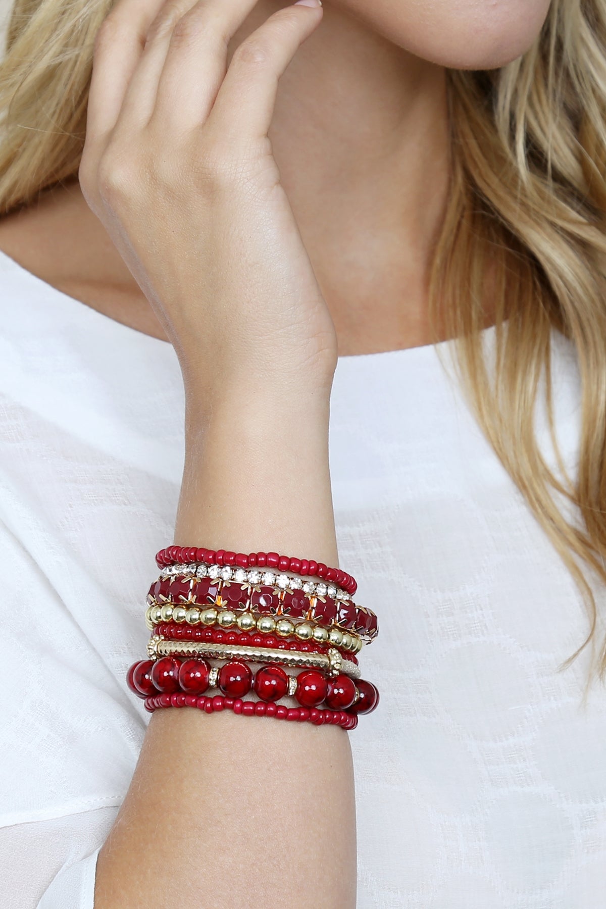 Pack of 6 Burgundy Multicolored Elastic Stretch Bracelets for Fashion Accessory