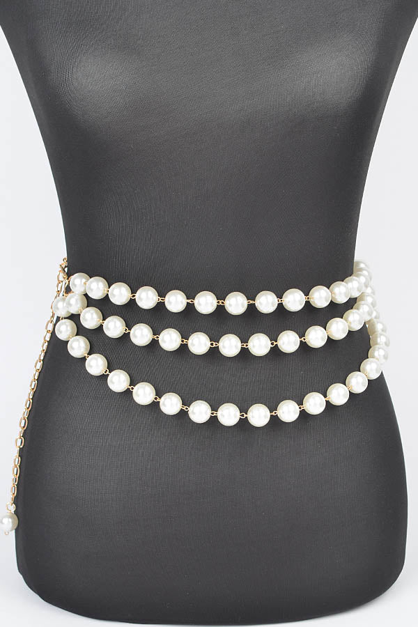 Pack of 6 Cream Gold 4178 Multi - Layered Pearl Chain Belts