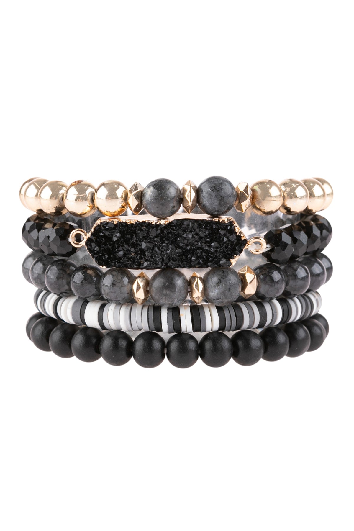 Set of 6 Black Druzy Hexagon Multi - Beads Bracelets