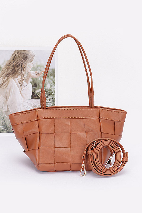 0526 Camel Faux Leather Braided Tote Bag - Set of 3