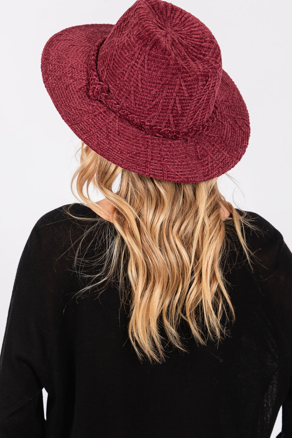 Burgundy Chenille Pattern Fedora Hats with Braided Band - Pack of 6
