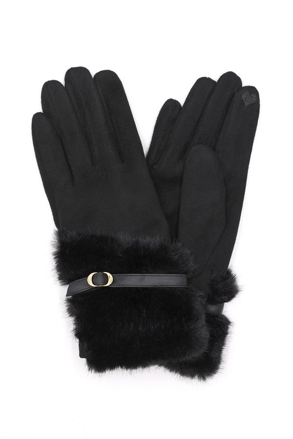 Pack of 6 Smart Touch Faux Fur and Strap Cuff Gloves in Black Color - Model 9800