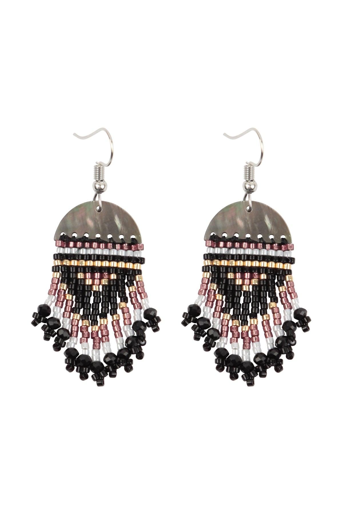 Pack of 6 Black Geometric Seed Bead Fringe Dangle Hook Earrings