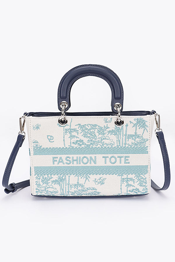Set of 3 Navy 8826 Embroidery Faux Leather Tote Bags