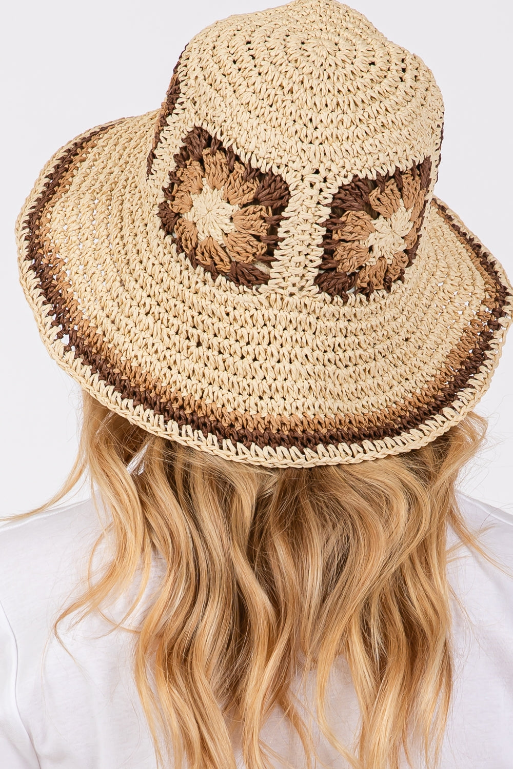 Beige Floral Crochet Straw Material Bucket Hat - Pack of Six Pieces