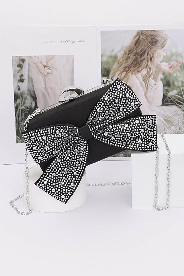 Set of 3 Stylish 1626 Black Rhinestone Hotfix Ribbon Nylon Hard Case Clutches