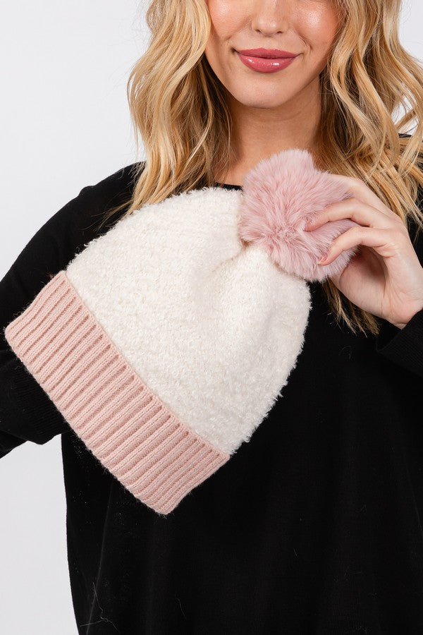 6-Piece Set of 5810 Pink Two-Tone Fleeced Pom Pom Beanies