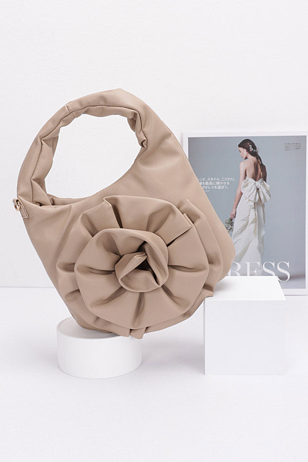 3 - Piece Set of 3916 Faux Leather Big Flower Handle Bags in Khaki Color