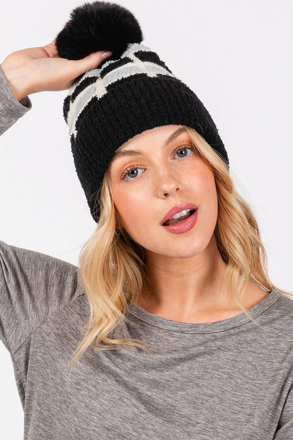 Set of 6 Cozy 4810 Black Color - Blocked Pom POM Beanies