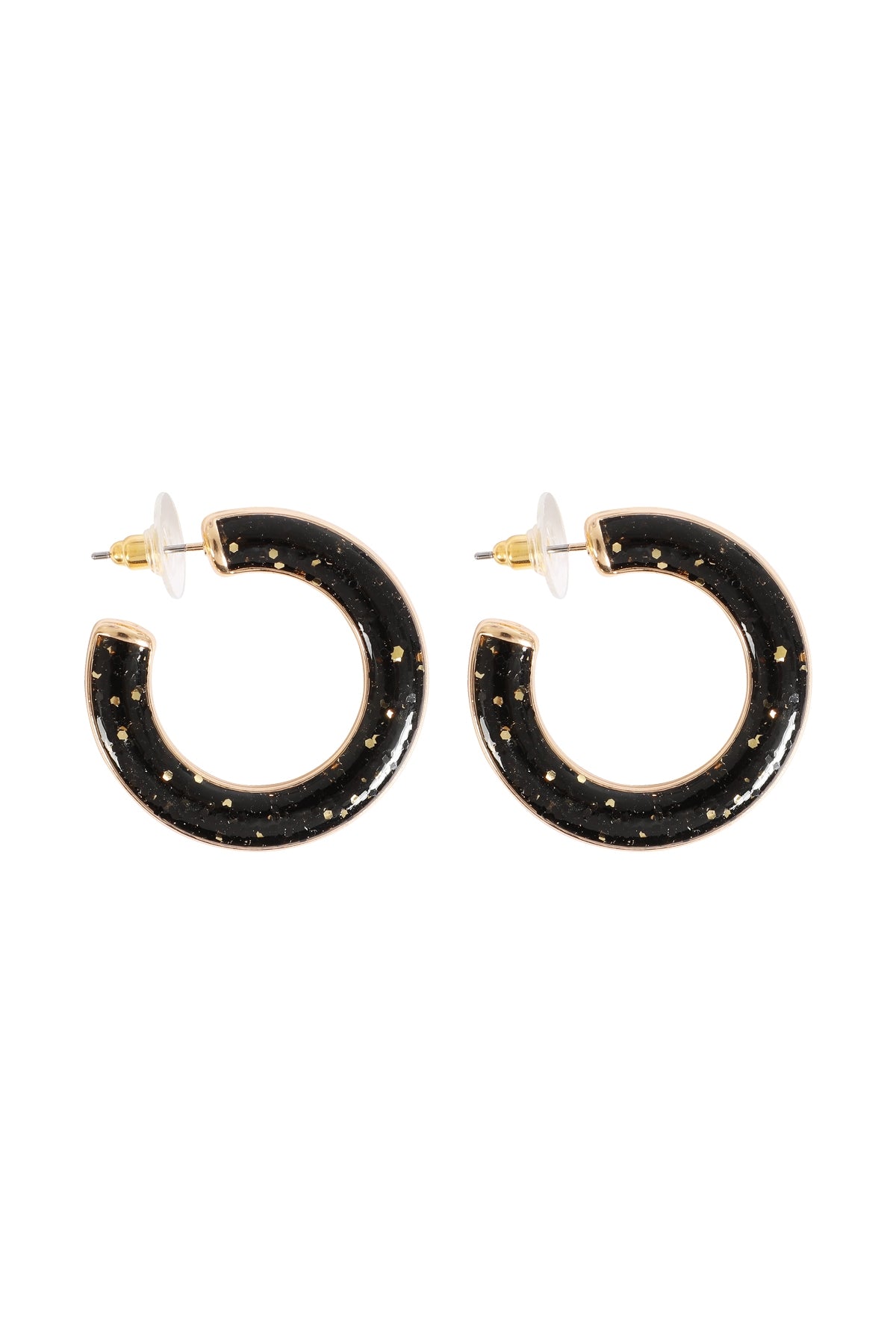 Pack of 6 Black Glittery Epoxy Hoop Post Earrings