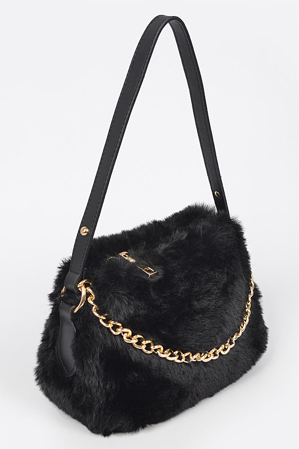 Stylish Black Faux Fur Shoulder Bags - Set of 3
