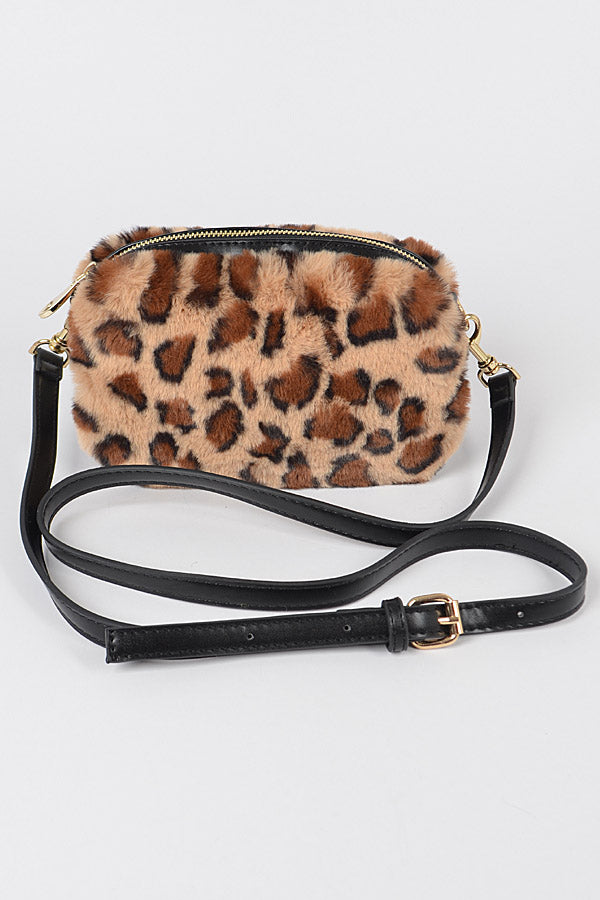 Set of 3 Stylish Leopard - Inspired Faux Fur Cross - Body Bags