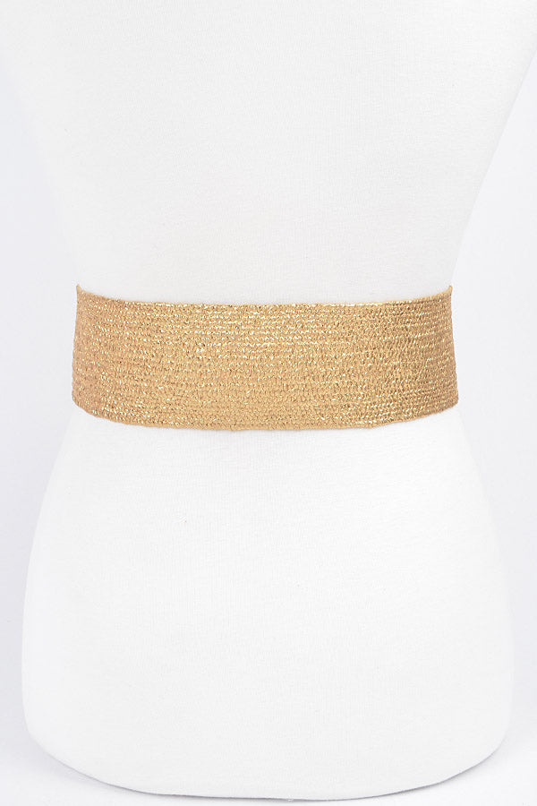 Pack of 6 Rectangle Metal Buckle Stretch Straw Belts in 7578 Gold Color